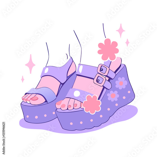 Minimalist vector illustration of stylish floral wedge sandals in pastel colors, symbolizing summer fashion, femininity, and trendy footwear. Cute and modern design.