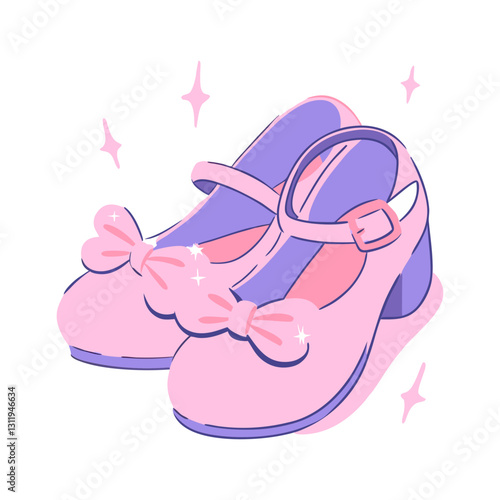 Minimalist vector illustration of elegant pastel Mary Jane shoes with bows and sparkles, symbolizing feminine fashion, charm, and vintage style. Cute and modern design.