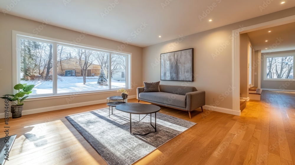 Fototapeta premium Modern living room with large windows overlooking winter scenery. Interior design inspiration