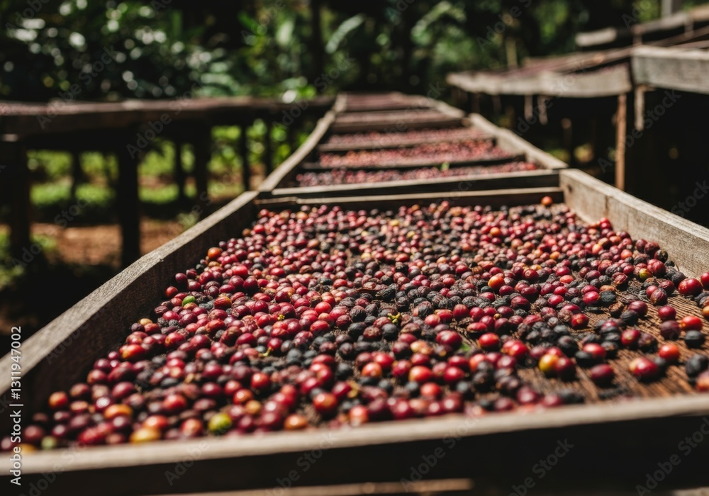 Fototapeta premium Coffee beans drying on wooden racks in sunlit outdoor plantation