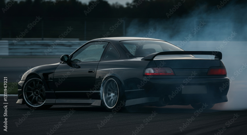 Fototapeta premium Black sports car drifting on racetrack with smoke trail at sunset