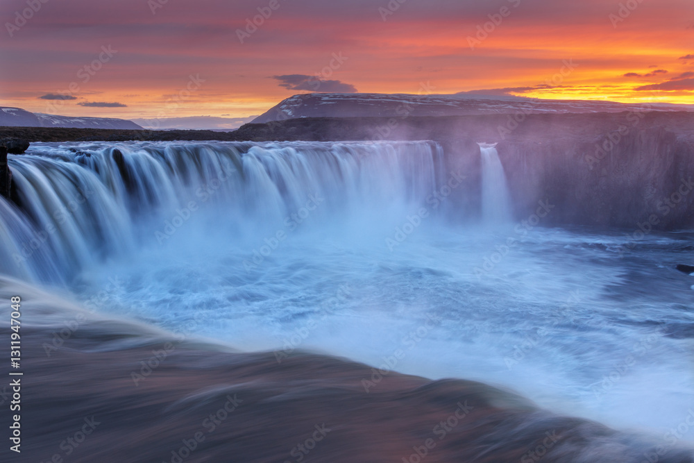 Iceland – Majestic Godafoss Waterfall by Day and Stunning Sunset Views.. Iceland – Majestic Godafoss Waterfall by Day and Stunning Sunset Views..