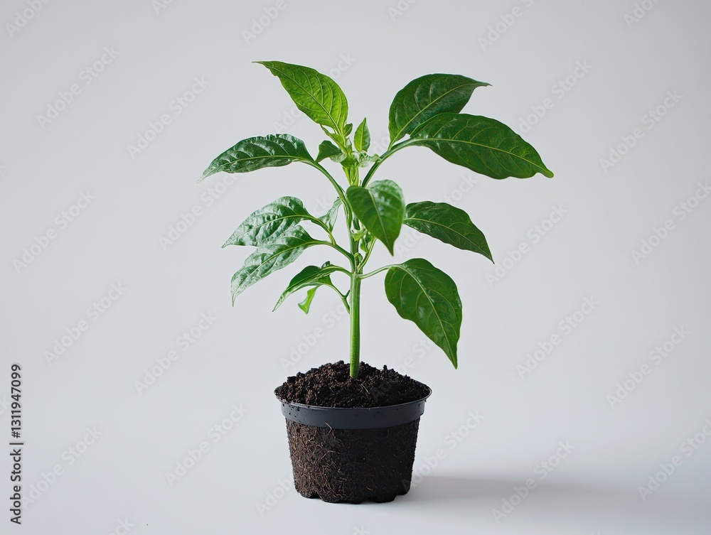 Fototapeta premium Young vibrant plant flourishes in a pot against a soft white background
