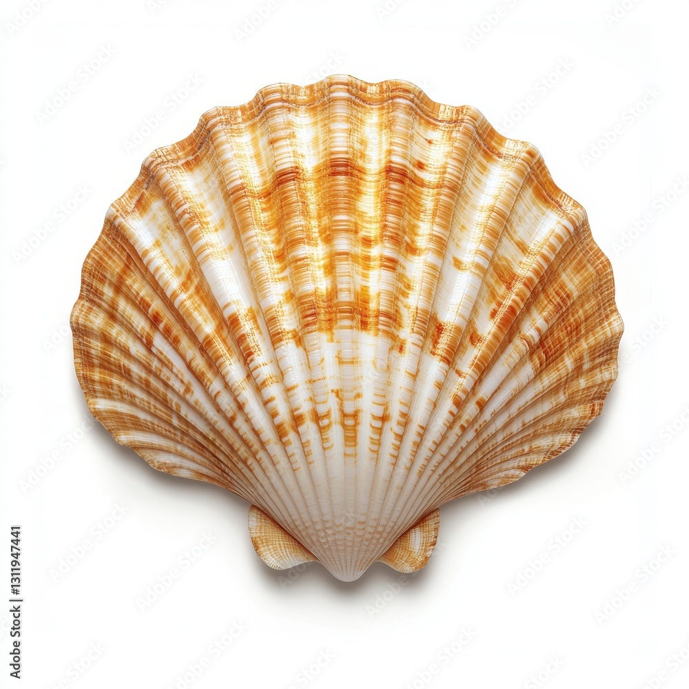 Golden Brown Ribbed Seashell On White Background With Detailed Texture And Pattern Golden Brown Ribbed Seashell On White Background With Detailed Texture And Pattern
