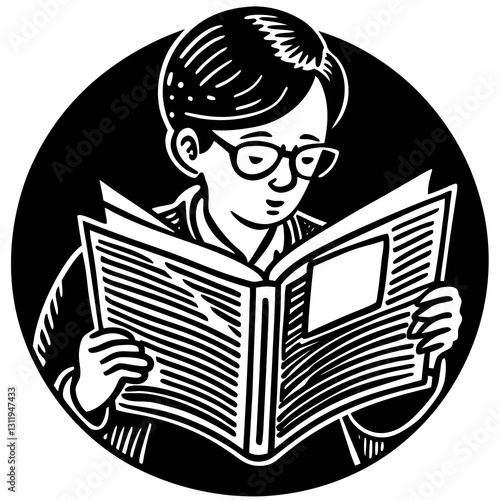 Person reading a newspaper in a stylized black and white illustration