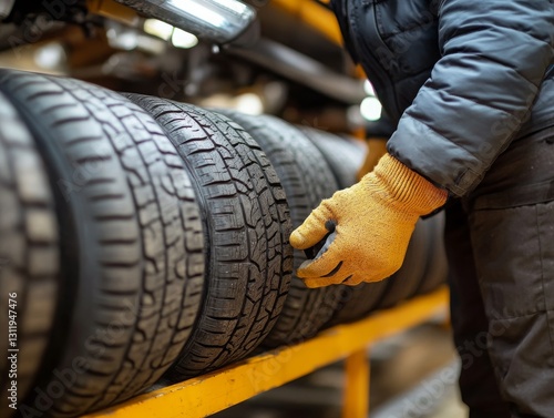 Mechanic Inspecting Tires at Automotive Shop: Ensuring Quality and Safety for Vehicles, Performing Tire Check and Maintenance in Garage Workshop with Worker