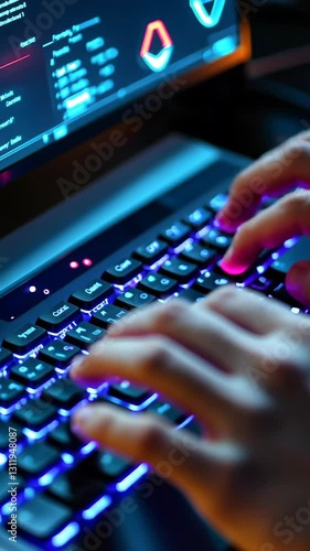 Hands typing on a backlit keyboard in a dimly lit room with computer screen displaying coding or data analysis