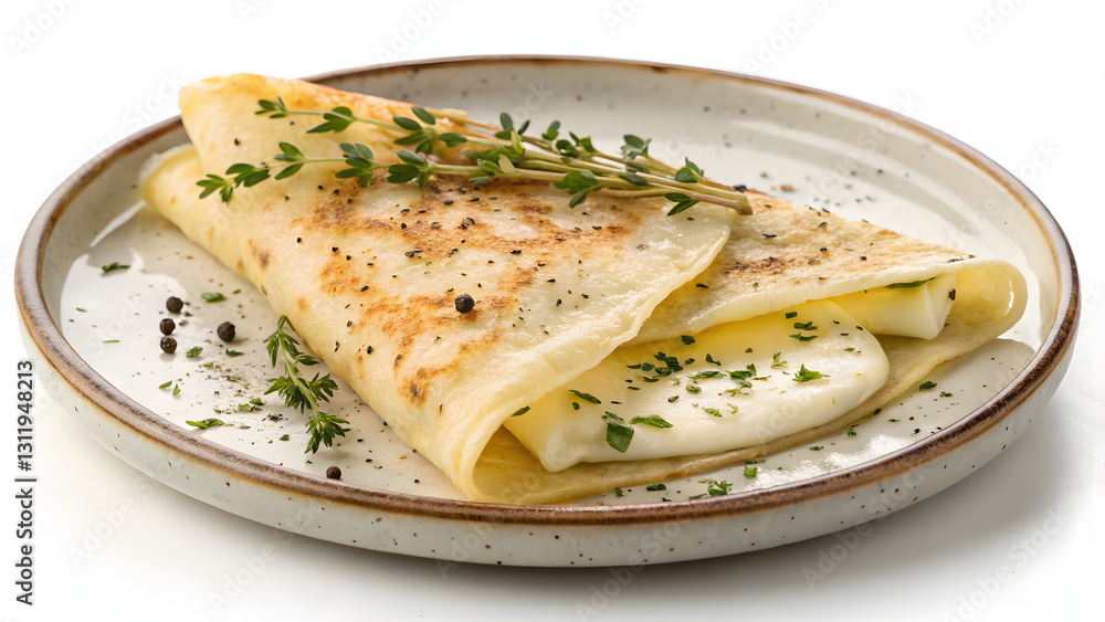 folded savory pancake filled with melted brie and garnished with fresh herbs. Pancake Shrove Tuesday Syrup Toppings Butter folded savory pancake filled with melted brie and garnished with fresh herbs. Pancake Shrove Tuesday Syrup Toppings Butter