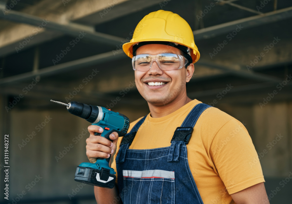 Smiling construction worker holding power drill on building site with safety gear Smiling construction worker holding power drill on building site with safety gear