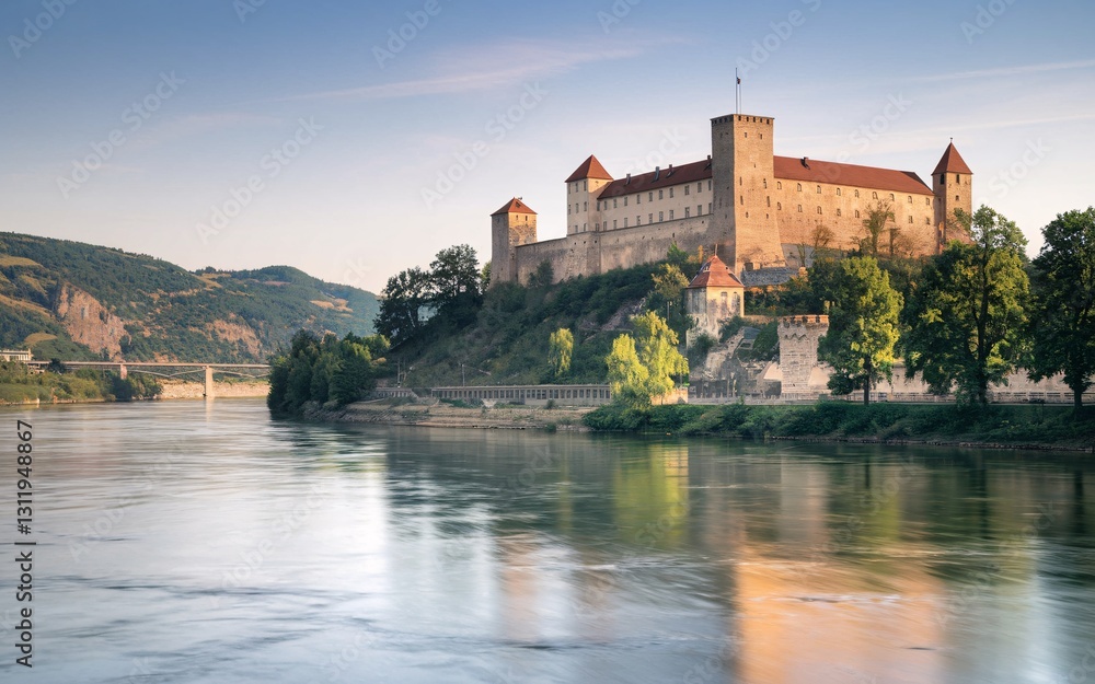 Danube River, Morning light on a riverfront castle Danube River, Morning light on a riverfront castle