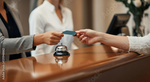 Guest hands card to receptionist at hotel check-in desk photo