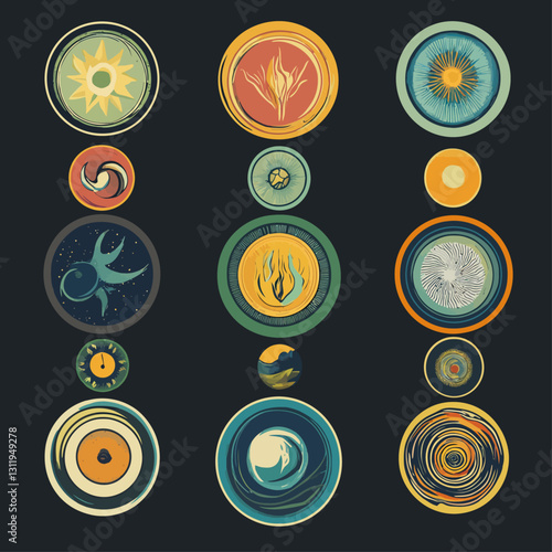 Assorted Circle Art: Abstract Sun, Fire, Cosmos, and Elemental Motifs