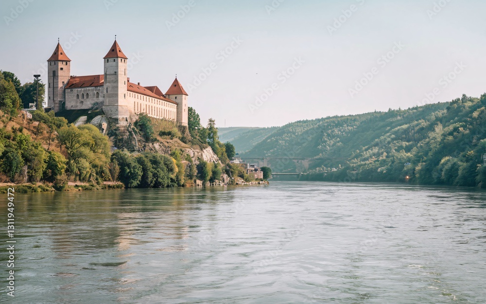 Danube River, Riverfront Castle, Scenic European Landscape Danube River, Riverfront Castle, Scenic European Landscape
