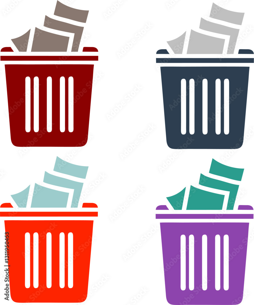 Vector Trash Bin Icons Filled with Paper Waste for Environmental Awareness and Recycling Design Vector Trash Bin Icons Filled with Paper Waste for Environmental Awareness and Recycling Design