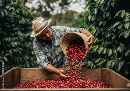 Farmer harvesting ripe coffee cherries on plantation with straw hat and wooden crate