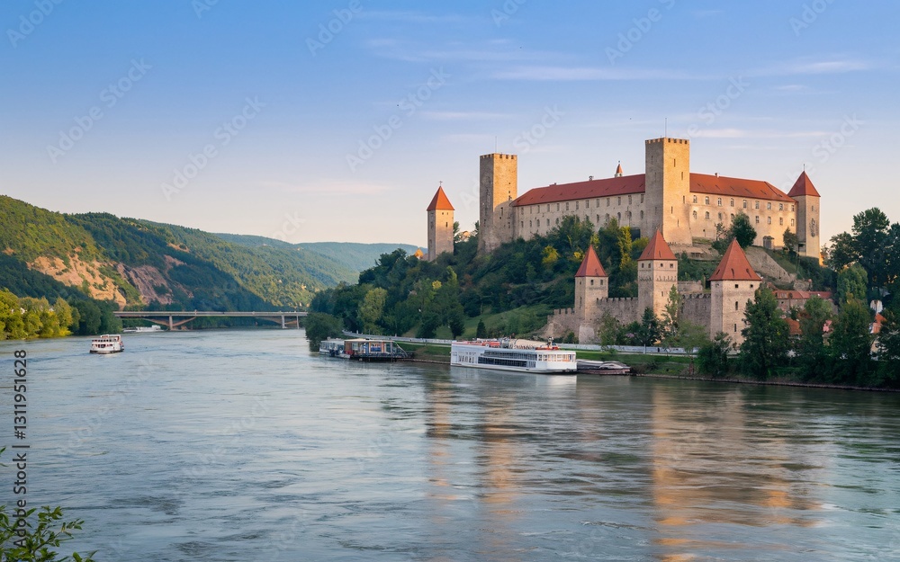 Fototapeta premium Danube River, Castle by River at Dawn