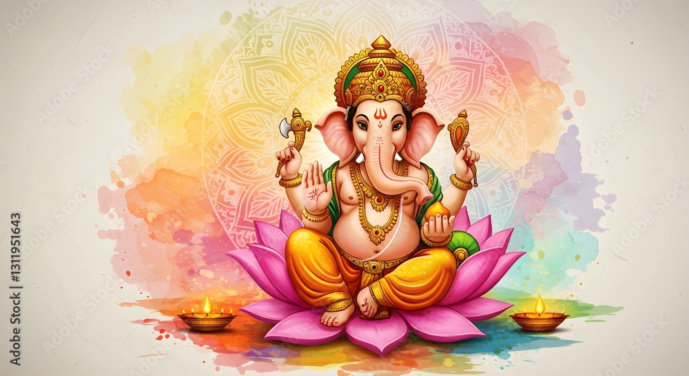 Ganesha, or Ganapati, sits on a lotus flower with paint splashes and a watercolor mandala, perfect for festive Chaturthi invitations. Ganesha, or Ganapati, sits on a lotus flower with paint splashes and a watercolor mandala, perfect for festive Chaturthi invitations.