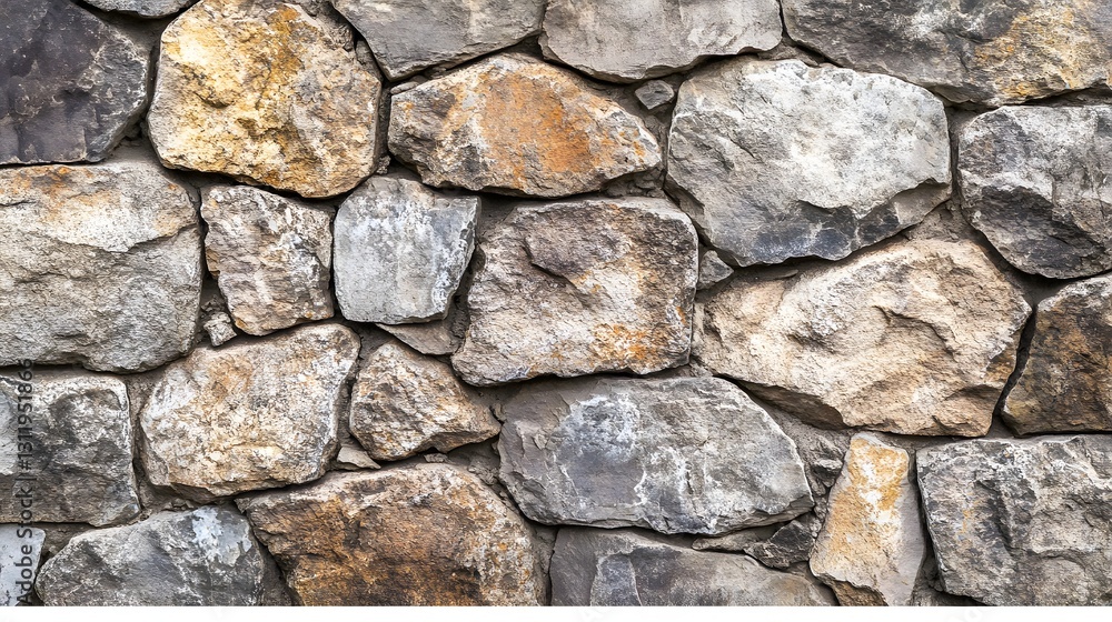 A rustic stone wall displays variations in color and texture A rustic stone wall displays variations in color and texture