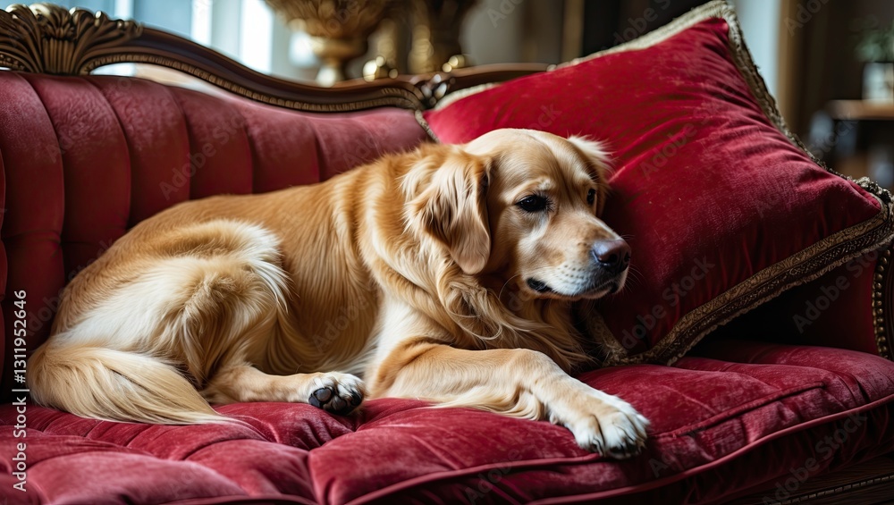 Obraz premium A relaxed golden retriever lounging on a plush red velvet couch with elegant decor in the background