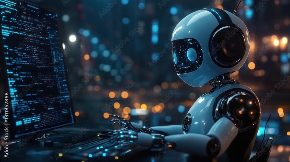 Robot analyzing data on a computer in a futuristic city Robot analyzing data on a computer in a futuristic city