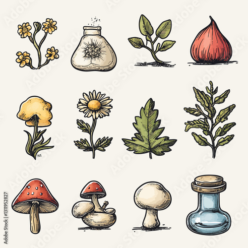 Botanical Illustration of Flowers, Mushrooms, and Herbs on White BG