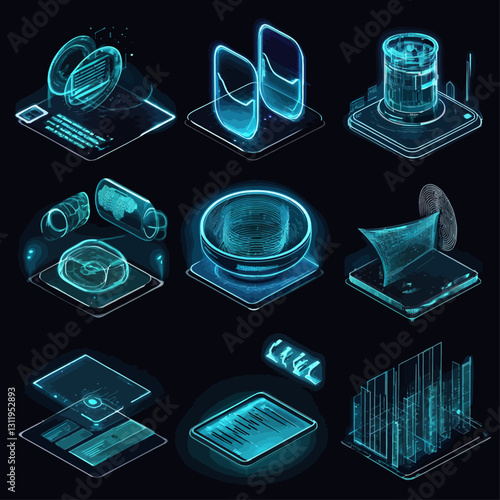 Hologram technology interface elements with glowing lines and futuristic design