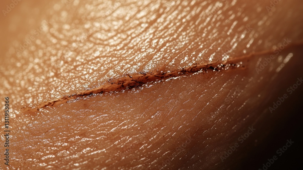 Fototapeta premium Close-up view of a fresh wound on human skin, healing process stage
