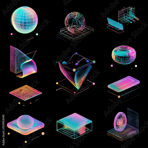 Isometric 3D mesh objects in rainbow gradient colors against black background