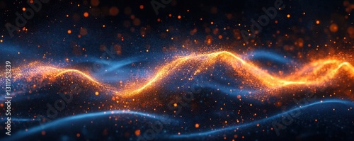 Abstract background banner with sound waves- blue and orange colors- glowing particles- dark sky-blue and navy.