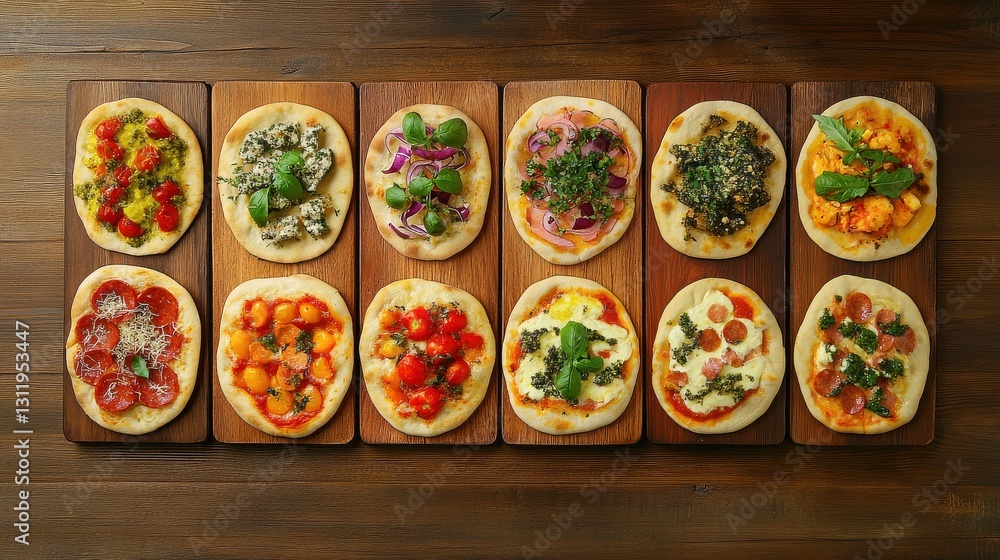 Fototapeta premium Flat lay of assorted pizzas with colorful toppings