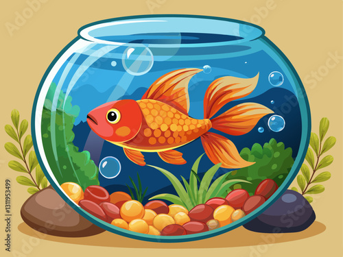 goldfish swimming in a round bowl with pebbles