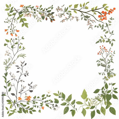 Watercolor greenery frame with delicate flowers and berries on white