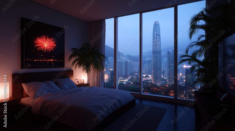 Night city view from modern bedroom.