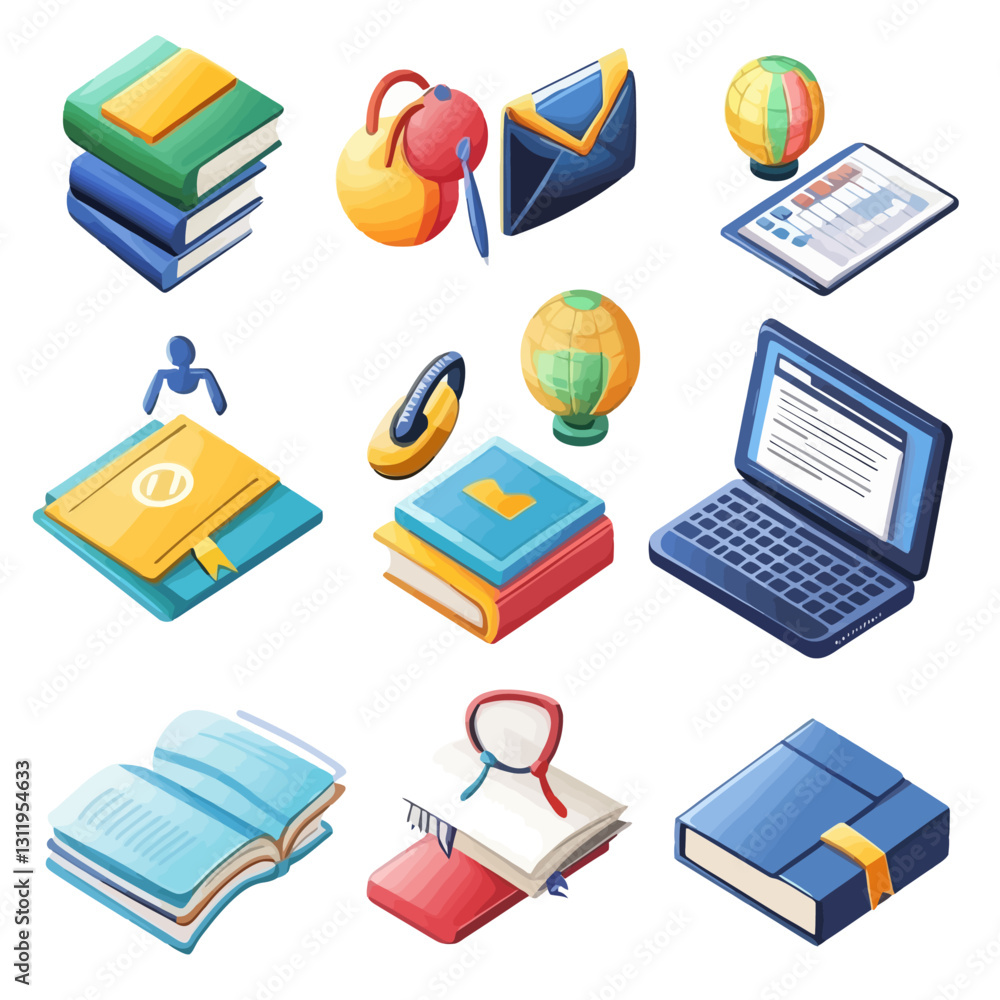 Isometric Study Icons: Books, Laptop, Globe, and Stationery Essentials Isometric Study Icons: Books, Laptop, Globe, and Stationery Essentials