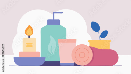 Spa Scene A tranquil spa setting with the lotion bottle p next to candles and soft towels suggesting a luxurious selfcare ritual.