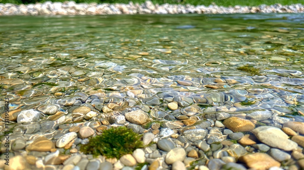 Crystal Clear Water Surface Showing Pebbles and Riverbed Close Up Crystal Clear Water Surface Showing Pebbles and Riverbed Close Up