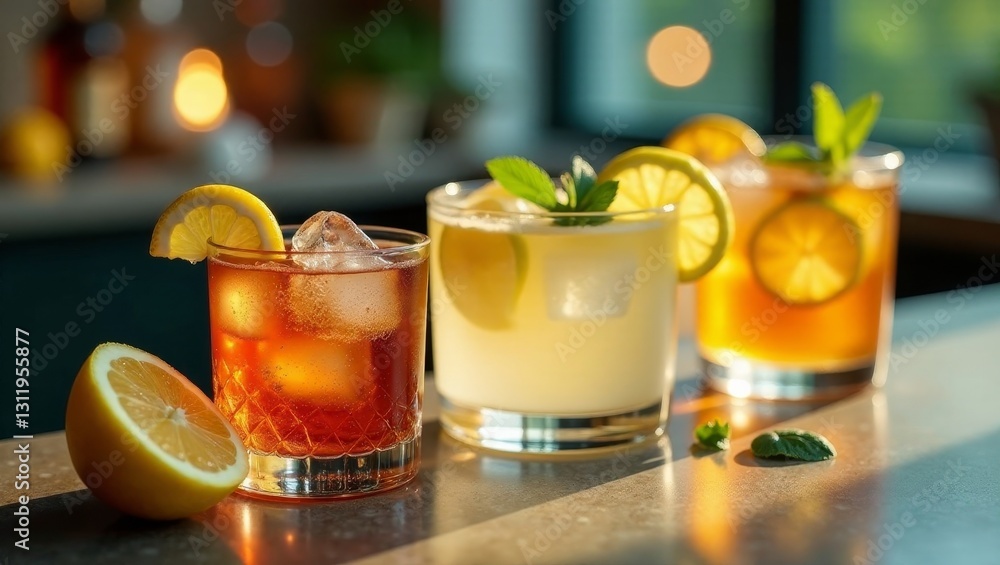 Three Refreshing Iced Drinks with Citrus Garnishes, Garnished with Mint, Illuminated by Warm Sunlight on a Smooth Surface Three Refreshing Iced Drinks with Citrus Garnishes, Garnished with Mint, Illuminated by Warm Sunlight on a Smooth Surface