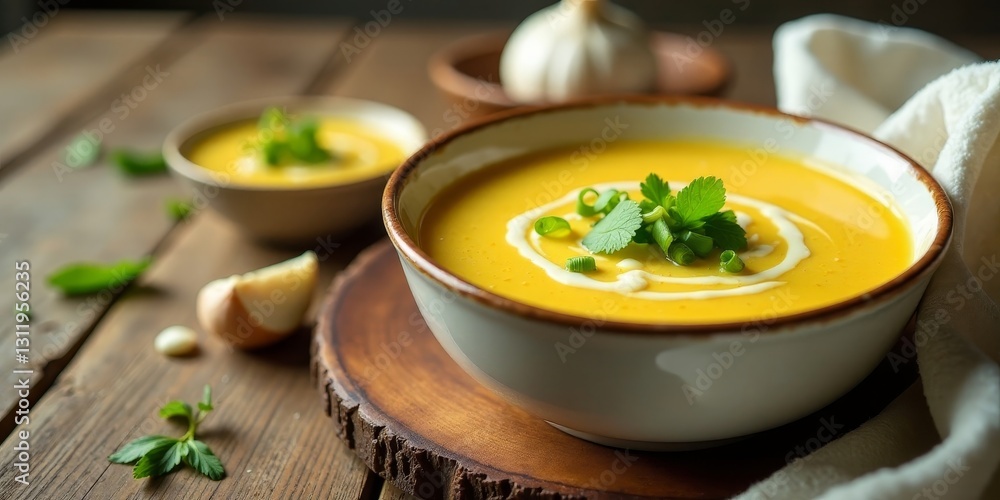 Creamy Autumnal Vegetable Soup in a Rustic Bowl with Fresh Herbs Creamy Autumnal Vegetable Soup in a Rustic Bowl with Fresh Herbs