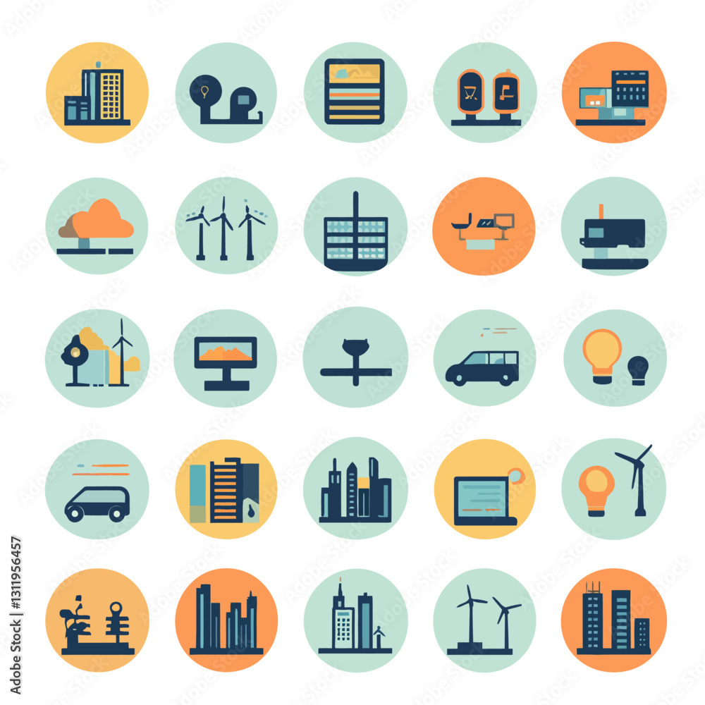 Vector Icons Illustrating Sustainable Energy, Cityscapes, and Modern Tech Vector Icons Illustrating Sustainable Energy, Cityscapes, and Modern Tech
