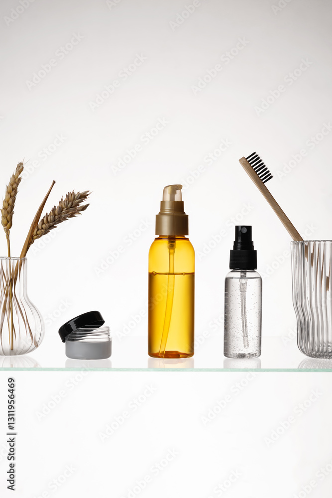 Fototapeta premium Different cosmetic products on a glass shelf on white background. Mockup of skincare and bath products on a glass shelf