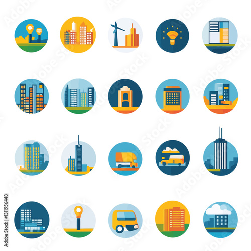 Cityscape Icons Set Flat Design Style Modern Urban Elements and Landmarks