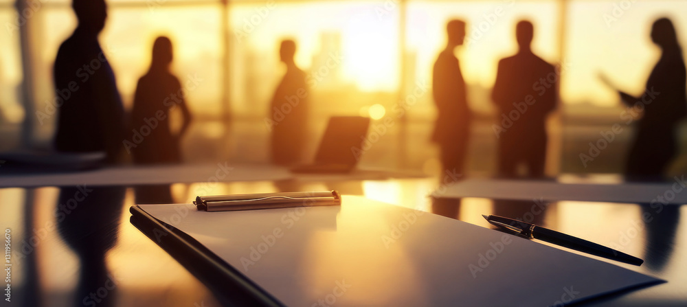 Une table de bureau avec un contrat vierge ouvert et un stylo avec des hommes d'affaires et femmes d'affaires flous, se tenant debout, avec coucher de soleil en arrière-plan. Une table de bureau avec un contrat vierge ouvert et un stylo avec des hommes d'affaires et femmes d'affaires flous, se tenant debout, avec coucher de soleil en arrière-plan.
