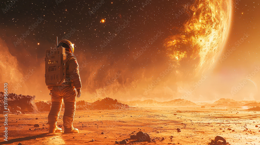 Fototapeta premium An astronaut in a space suit stands on the rocky surface of Mars, gazing up at a vibrant, glowing planet in the night sky filled with stars, creating a breathtaking cosmic view