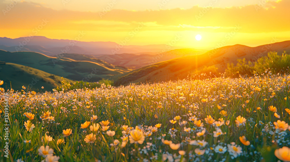 Fototapeta premium A vast meadow showcases countless wildflowers basking in the warm hues of a golden sunset, illuminating the rolling hills and distant mountains
