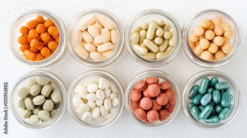 Colorful capsules and tablets in glass containers for health. photo