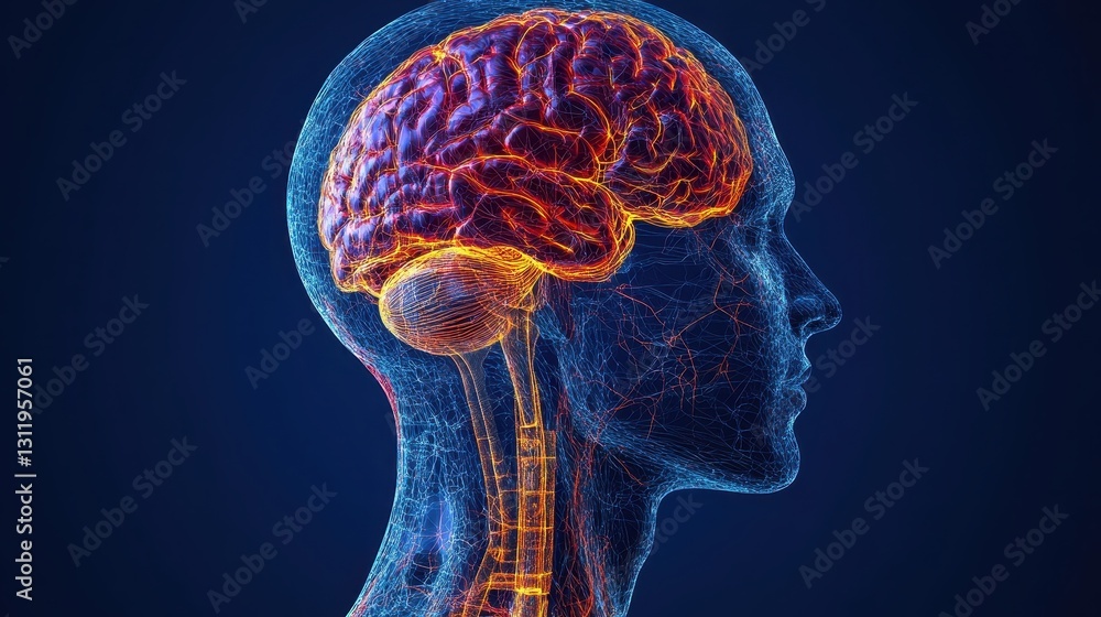 Detailed illustration of a human brain and nervous system anatomy. Detailed illustration of a human brain and nervous system anatomy.