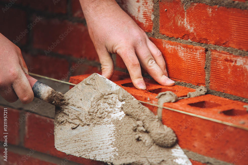 Close-up of Skilled craftsmanship in bricklaying showcases technique and precision Close-up of Skilled craftsmanship in bricklaying showcases technique and precision