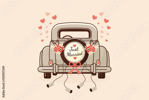 Just Married car back view flat vector illustration.