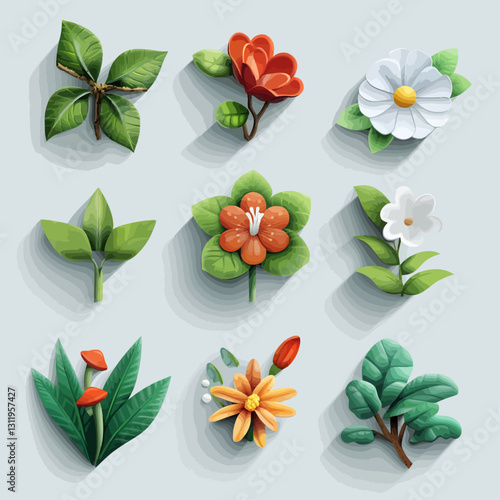 Assorted floral flat lay featuring digital paper-cut style for designers