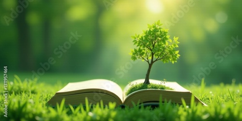 A Sapling Emerging from an Open Book in a Verdant Meadow, Symbolizing Growth and the Power of Knowledge